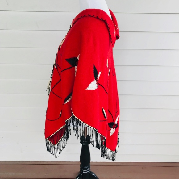 Vintage Red Wool Embroidered Poncho Cape - Picture 7 of 8